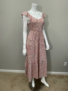 MONTEAU LOS ANGELES Pink Floral Maxi Dress Cottagecore Prairie Ruffle Sleeve M